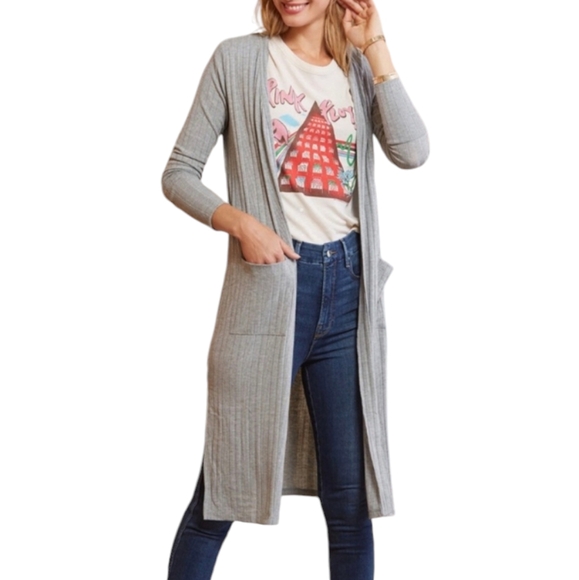 Evereve Peyton Jensen Jenela Long Open Cardigan Duster Stretchy Pockets Gray S - Picture 1 of 12